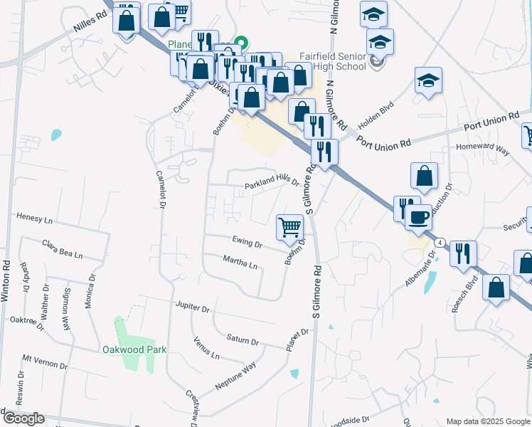 map of restaurants, bars, coffee shops, grocery stores, and more near 10 South Timber Hollow Drive in Fairfield