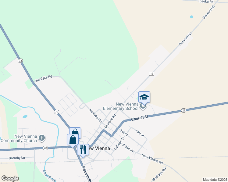 map of restaurants, bars, coffee shops, grocery stores, and more near 119 Penn Lane in New Vienna