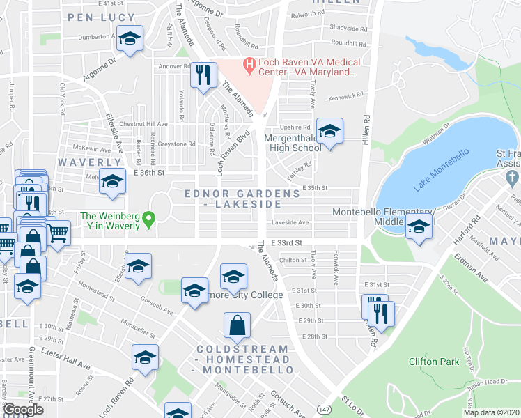 map of restaurants, bars, coffee shops, grocery stores, and more near 3320 The Alameda in Baltimore
