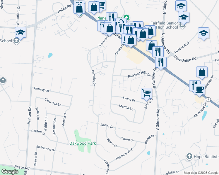map of restaurants, bars, coffee shops, grocery stores, and more near 5346 Boehm Drive in Fairfield