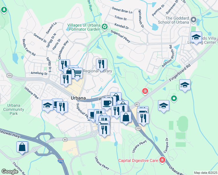 map of restaurants, bars, coffee shops, grocery stores, and more near 3526 Tabard Lane in Frederick