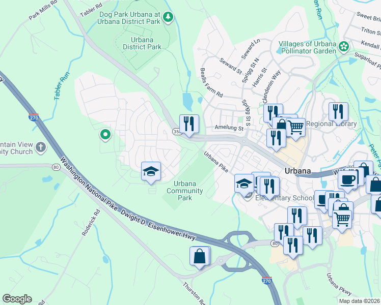 map of restaurants, bars, coffee shops, grocery stores, and more near 3205 Stone Barn Drive in Frederick