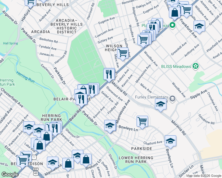 map of restaurants, bars, coffee shops, grocery stores, and more near 4208 Stanwood Avenue in Baltimore
