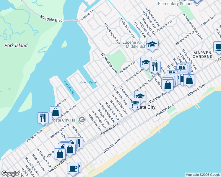 map of restaurants, bars, coffee shops, grocery stores, and more near 207 North Mansfield Avenue in Margate City