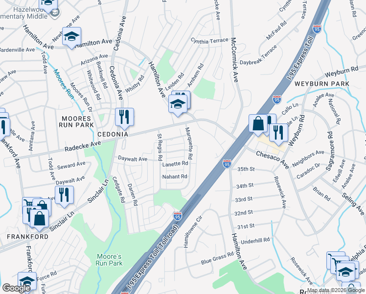 map of restaurants, bars, coffee shops, grocery stores, and more near 6036 Framingham Road in Baltimore