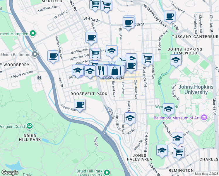 map of restaurants, bars, coffee shops, grocery stores, and more near 3503 Hickory Avenue in Baltimore
