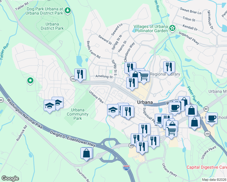 map of restaurants, bars, coffee shops, grocery stores, and more near 3573 Sprigg Street South in Frederick