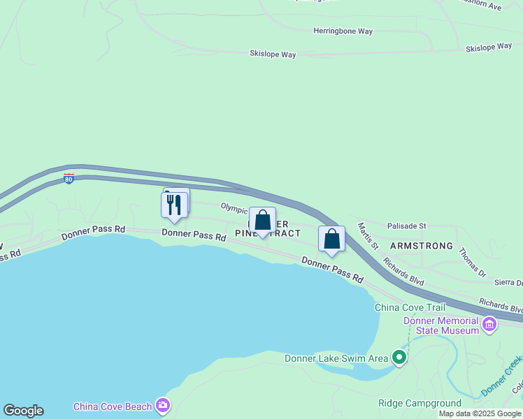 map of restaurants, bars, coffee shops, grocery stores, and more near 13440 Olympic Drive in Truckee