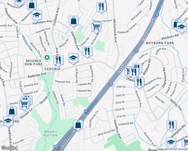 map of restaurants, bars, coffee shops, grocery stores, and more near 6135 Marquette Road in Baltimore