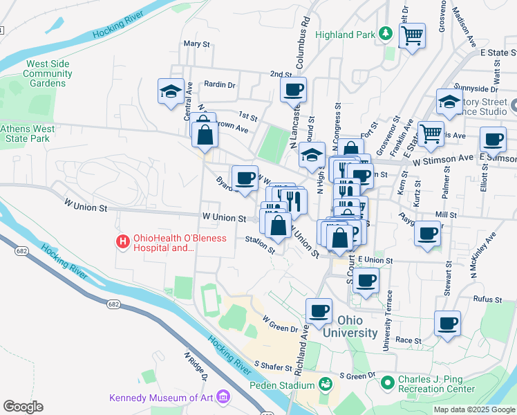 map of restaurants, bars, coffee shops, grocery stores, and more near 46 Smith Street in Athens