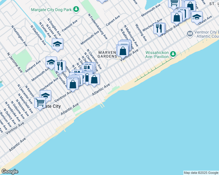 map of restaurants, bars, coffee shops, grocery stores, and more near 103 South Clermont Avenue in Margate City