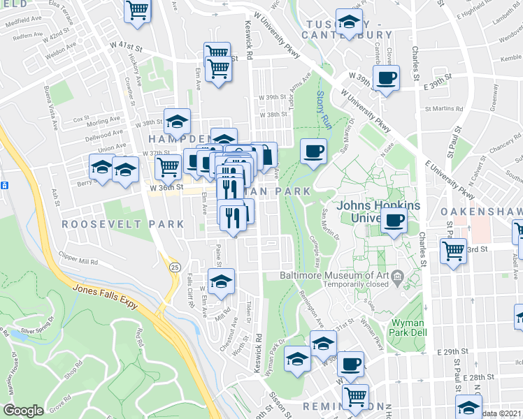 map of restaurants, bars, coffee shops, grocery stores, and more near 3461 Keswick Road in Baltimore