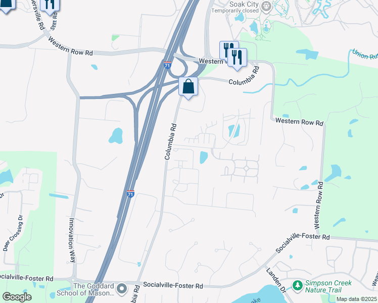 map of restaurants, bars, coffee shops, grocery stores, and more near 7447 Victoria Falls Avenue in Maineville