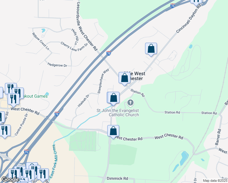 map of restaurants, bars, coffee shops, grocery stores, and more near in Olde West Chester