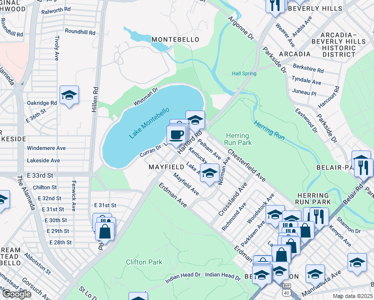 map of restaurants, bars, coffee shops, grocery stores, and more near 3517 Harford Road in Baltimore