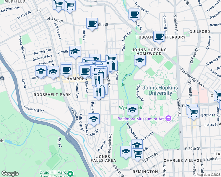 map of restaurants, bars, coffee shops, grocery stores, and more near 3461 Keswick Road in Baltimore