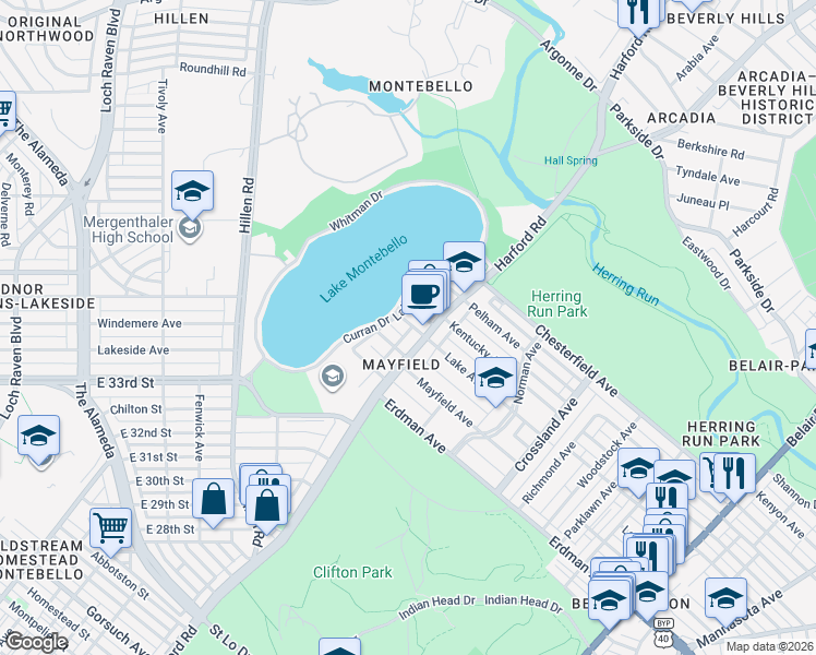 map of restaurants, bars, coffee shops, grocery stores, and more near 2113 Lake Avenue in Baltimore