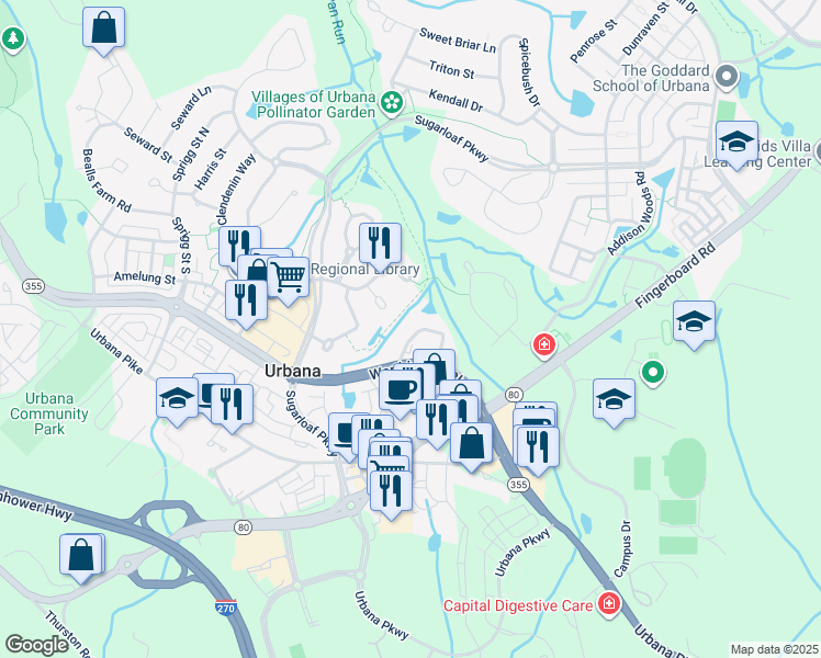 map of restaurants, bars, coffee shops, grocery stores, and more near 3528 Tabard Lane in Frederick