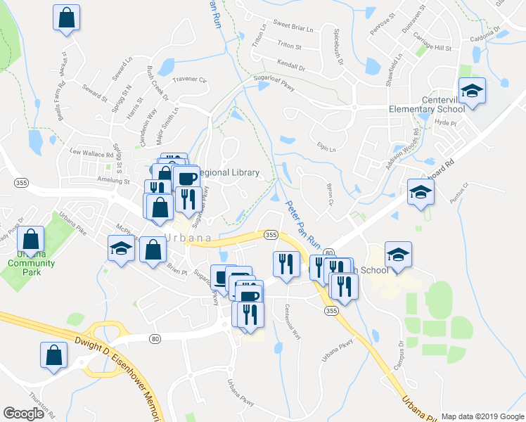 map of restaurants, bars, coffee shops, grocery stores, and more near 3528 Tabard Lane in Frederick