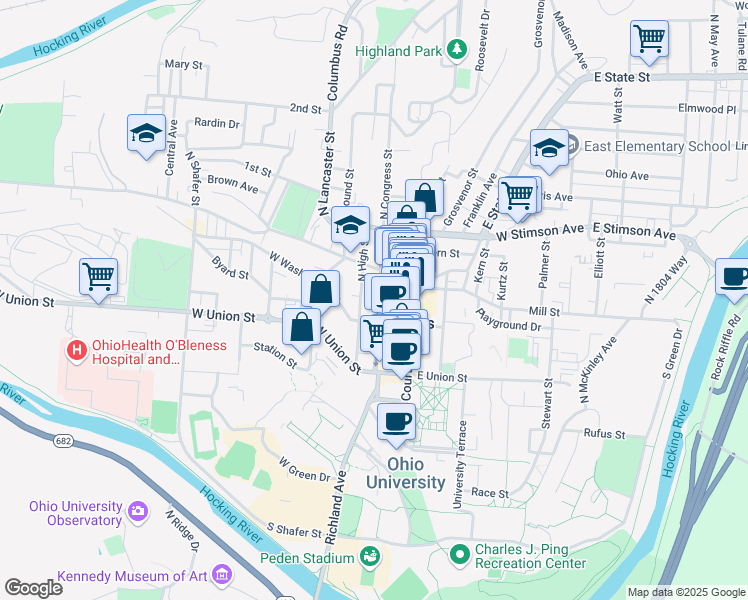 map of restaurants, bars, coffee shops, grocery stores, and more near 19 North Congress Street in Athens