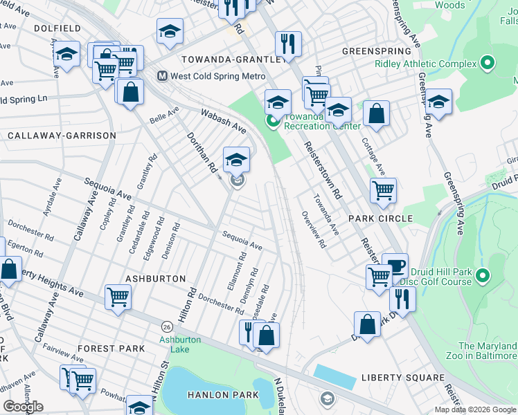 map of restaurants, bars, coffee shops, grocery stores, and more near 3200 Dorithan Road in Baltimore