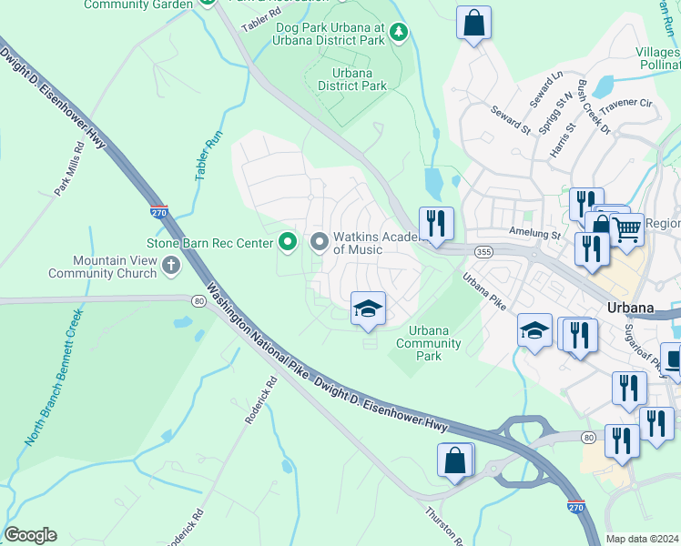 map of restaurants, bars, coffee shops, grocery stores, and more near 3557 Shady Pines Street in Frederick