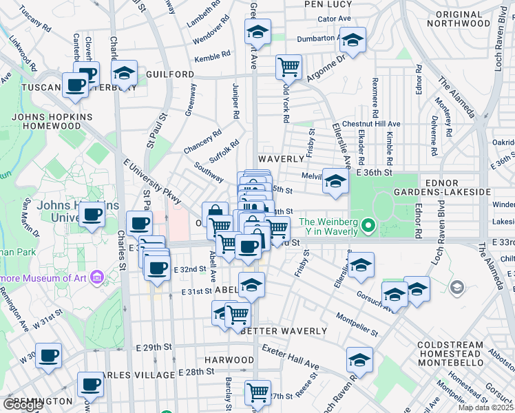 map of restaurants, bars, coffee shops, grocery stores, and more near 3407 Maryland 45 in Baltimore