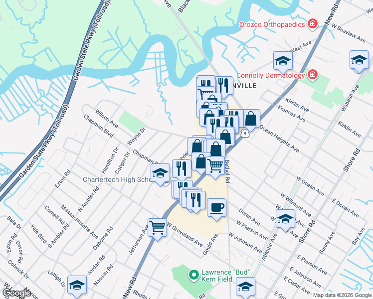 map of restaurants, bars, coffee shops, grocery stores, and more near 18 Crestview Drive in Somers Point