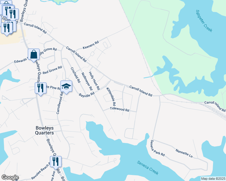 map of restaurants, bars, coffee shops, grocery stores, and more near 3911 Cutty Sark Road in Middle River