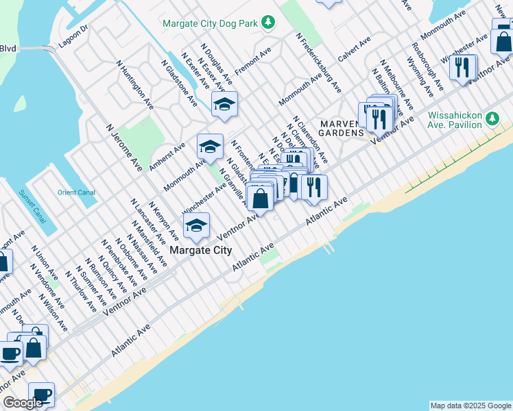 map of restaurants, bars, coffee shops, grocery stores, and more near 2 North Gladstone Avenue in Margate City