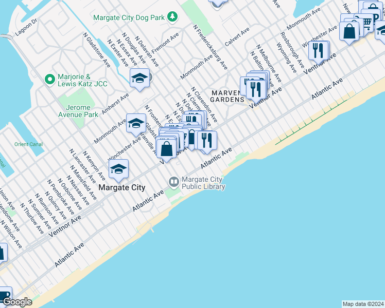 map of restaurants, bars, coffee shops, grocery stores, and more near 8-12 South Essex Avenue in Margate City