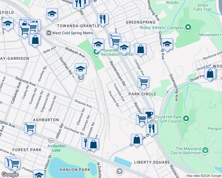 map of restaurants, bars, coffee shops, grocery stores, and more near 3721 Overview Road in Baltimore