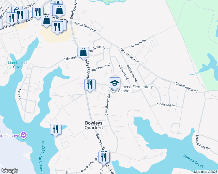 map of restaurants, bars, coffee shops, grocery stores, and more near 3817 White Pine Road in Middle River