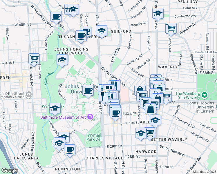 map of restaurants, bars, coffee shops, grocery stores, and more near 3405 Greenway in Baltimore