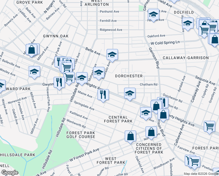 map of restaurants, bars, coffee shops, grocery stores, and more near 4300 Liberty Heights Avenue in Baltimore