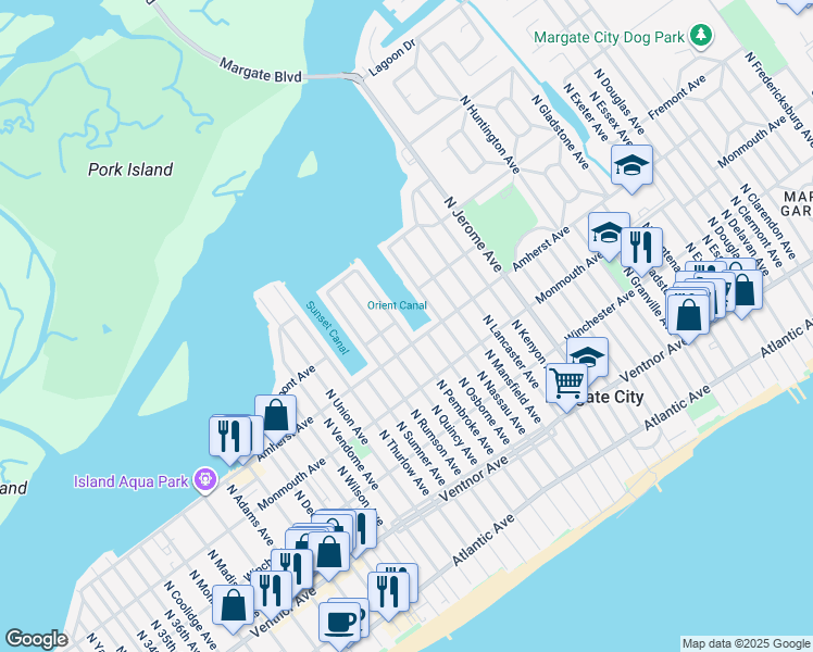 map of restaurants, bars, coffee shops, grocery stores, and more near 305 North Pembroke Avenue in Margate City