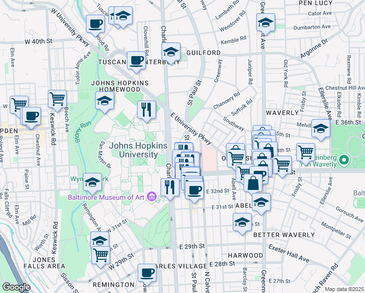 map of restaurants, bars, coffee shops, grocery stores, and more near 3405 Greenway in Baltimore
