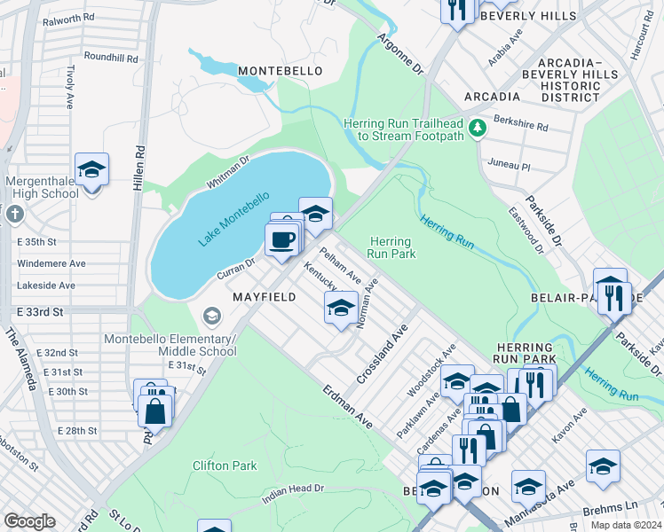 map of restaurants, bars, coffee shops, grocery stores, and more near 2209 Pelham Avenue in Baltimore