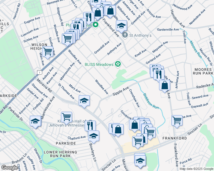 map of restaurants, bars, coffee shops, grocery stores, and more near 4705 Valleyview Avenue in Baltimore
