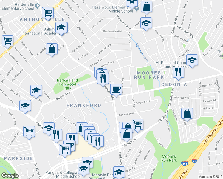 map of restaurants, bars, coffee shops, grocery stores, and more near 4928 Frankford Ave in Baltimore