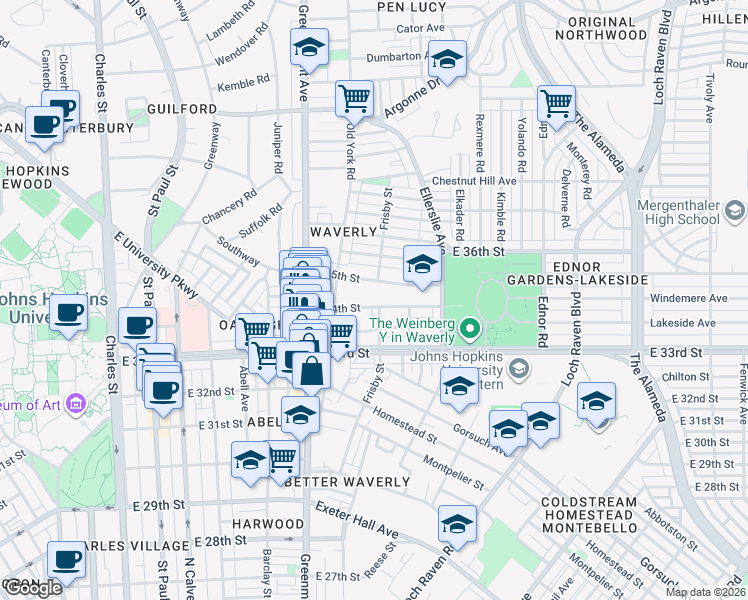 map of restaurants, bars, coffee shops, grocery stores, and more near 620 East 34th Street in Baltimore