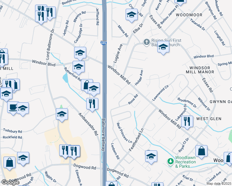map of restaurants, bars, coffee shops, grocery stores, and more near 2806 Greenlawn Road in Baltimore