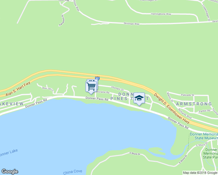 map of restaurants, bars, coffee shops, grocery stores, and more near 13595 Olympic Drive in Truckee