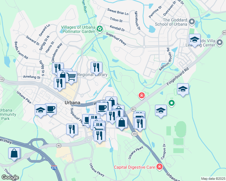 map of restaurants, bars, coffee shops, grocery stores, and more near 3554 Tabard Lane in Frederick
