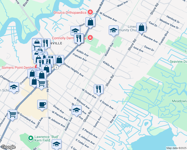 map of restaurants, bars, coffee shops, grocery stores, and more near 2306 Wabash Avenue in Linwood