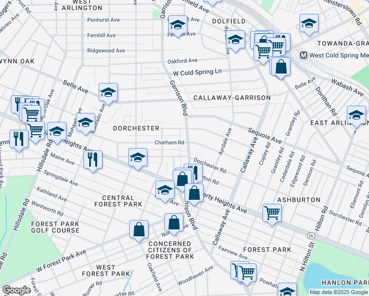 map of restaurants, bars, coffee shops, grocery stores, and more near 3604 Garrison Boulevard in Baltimore