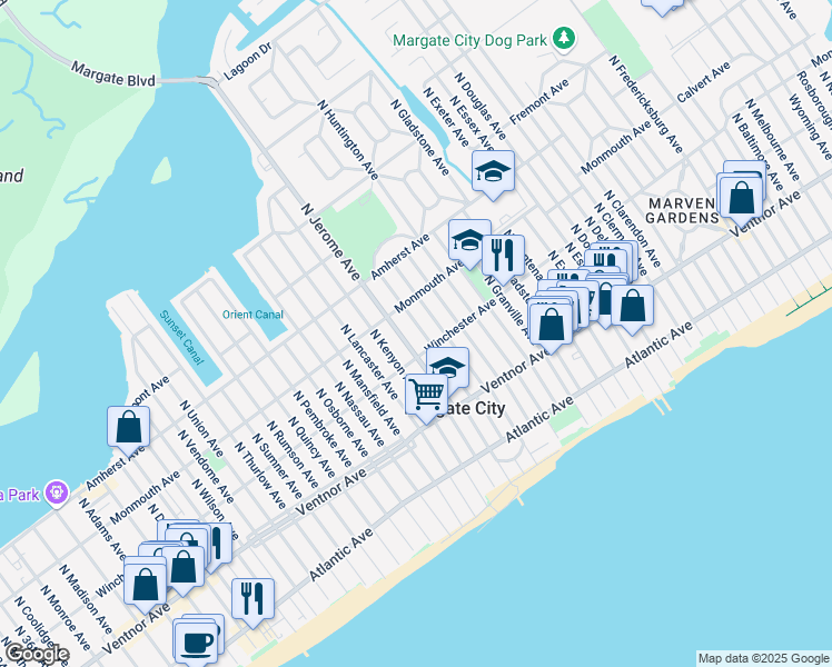 map of restaurants, bars, coffee shops, grocery stores, and more near 105 North Jerome Avenue in Margate City
