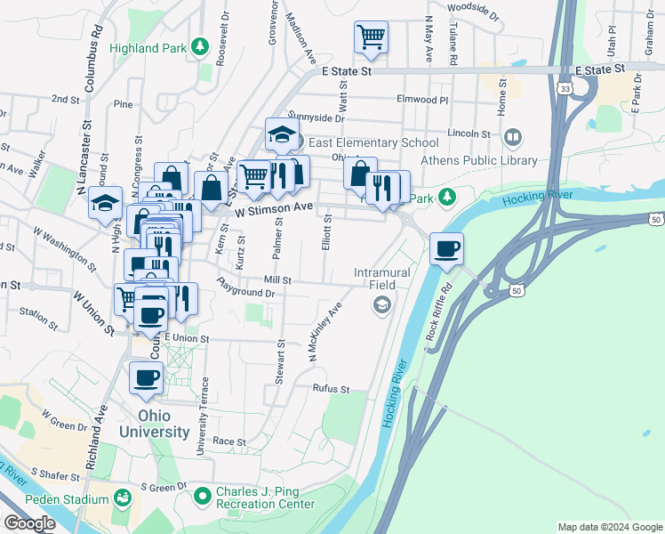 map of restaurants, bars, coffee shops, grocery stores, and more near 3 Elliott Street in Athens