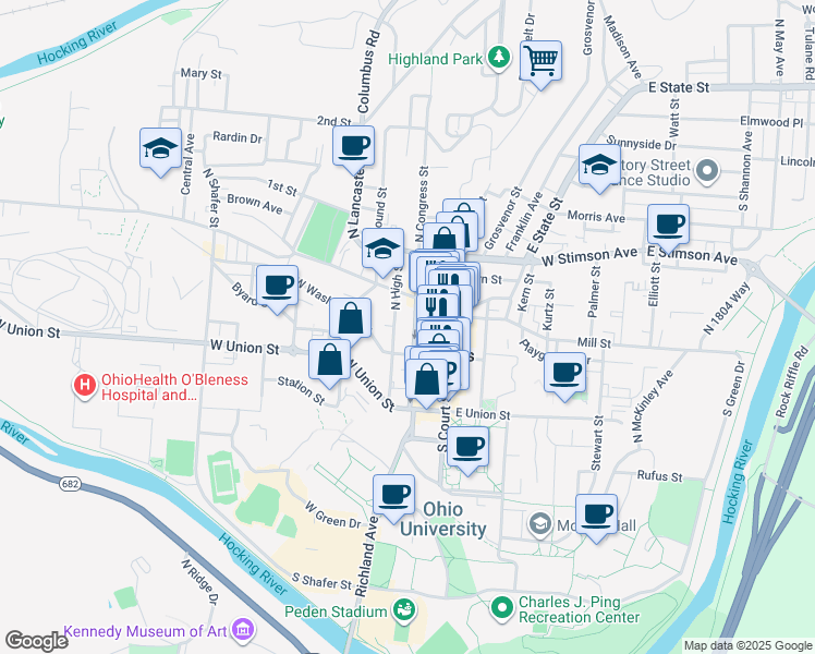 map of restaurants, bars, coffee shops, grocery stores, and more near 19 North Congress Street in Athens