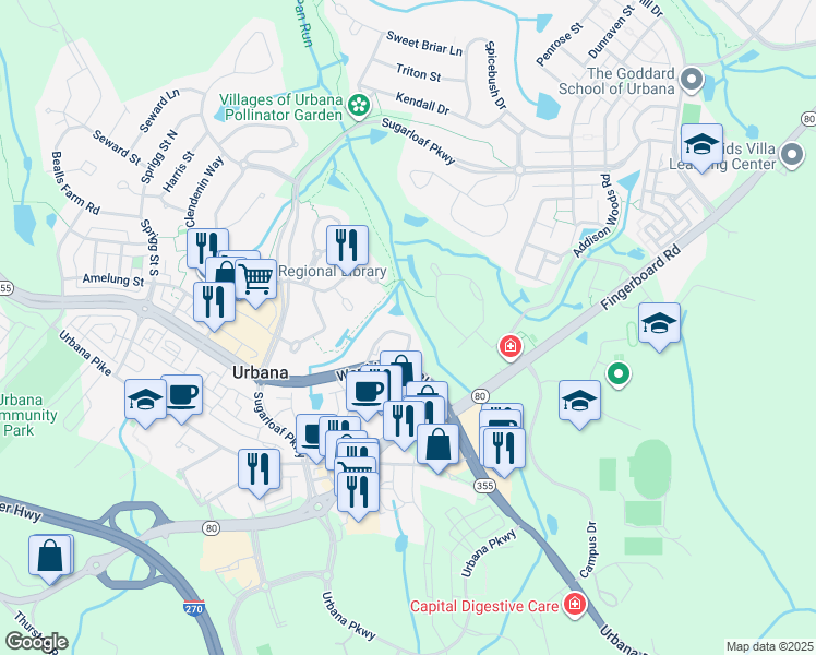 map of restaurants, bars, coffee shops, grocery stores, and more near 3554 Tabard Lane in Frederick